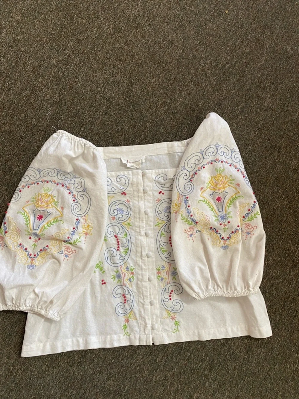 Anthropologie White Embroidered Peasant Blouse with Pastel Accents